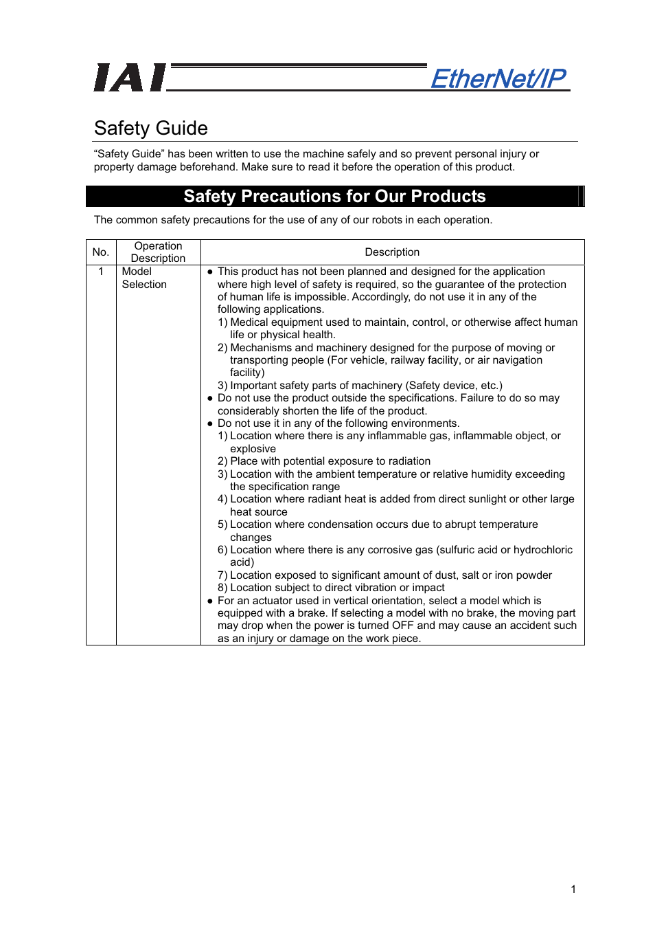 Safety guide, Safety precautions for our products | IAI America XSEL-S User Manual | Page 7 / 48