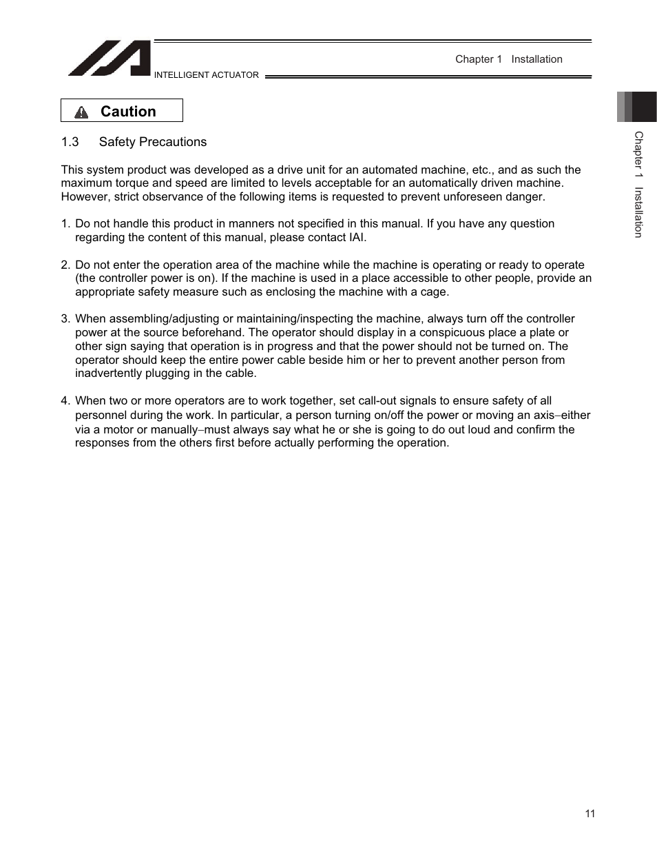 3 safety precautions, Caution | IAI America TT-C3 User Manual | Page 21 / 364