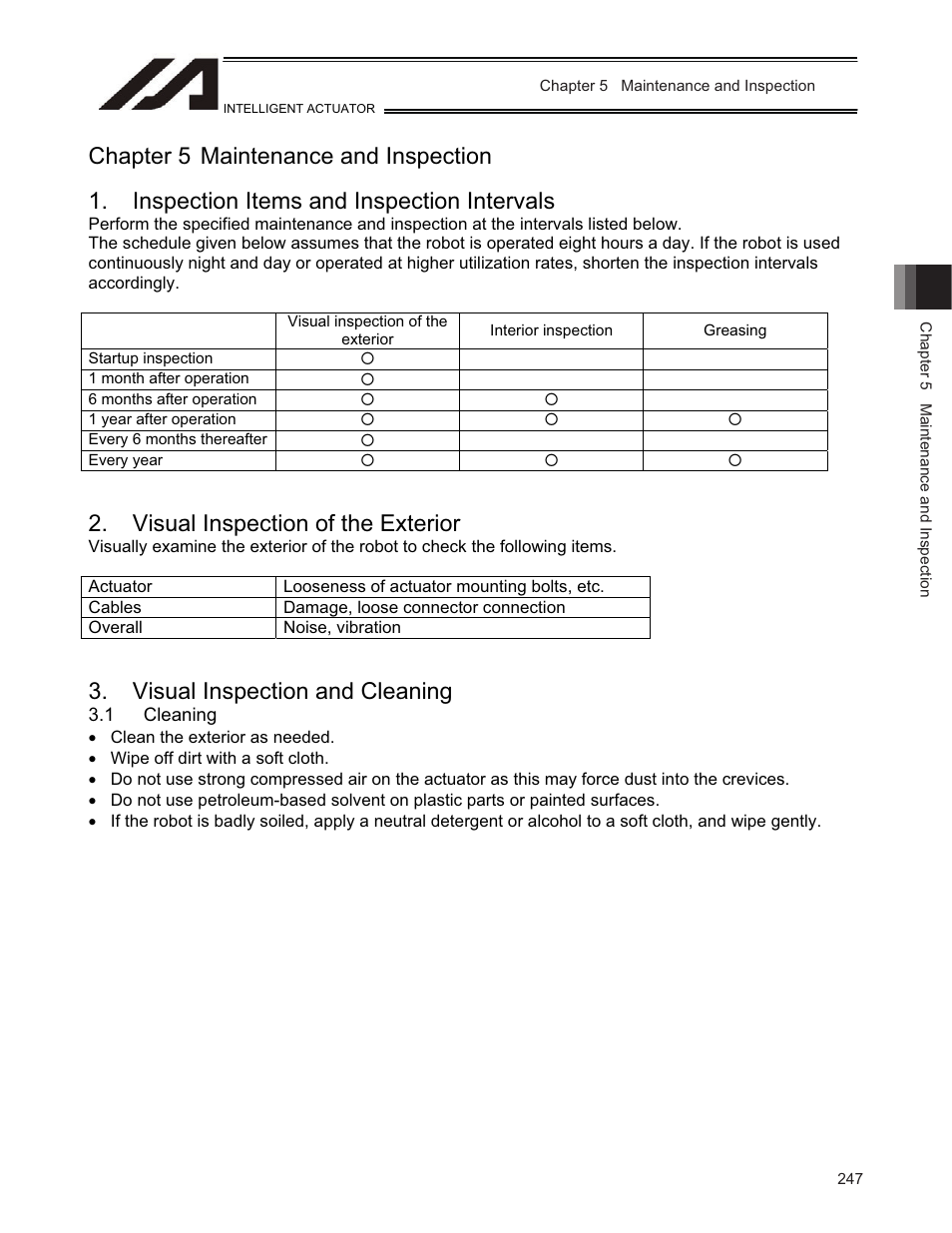 Chapter 5 maintenance and inspection, Inspection items and inspection intervals, Visual inspection of the exterior | Visual inspection and cleaning, 1 cleaning | IAI America TT-C3 User Manual | Page 257 / 364