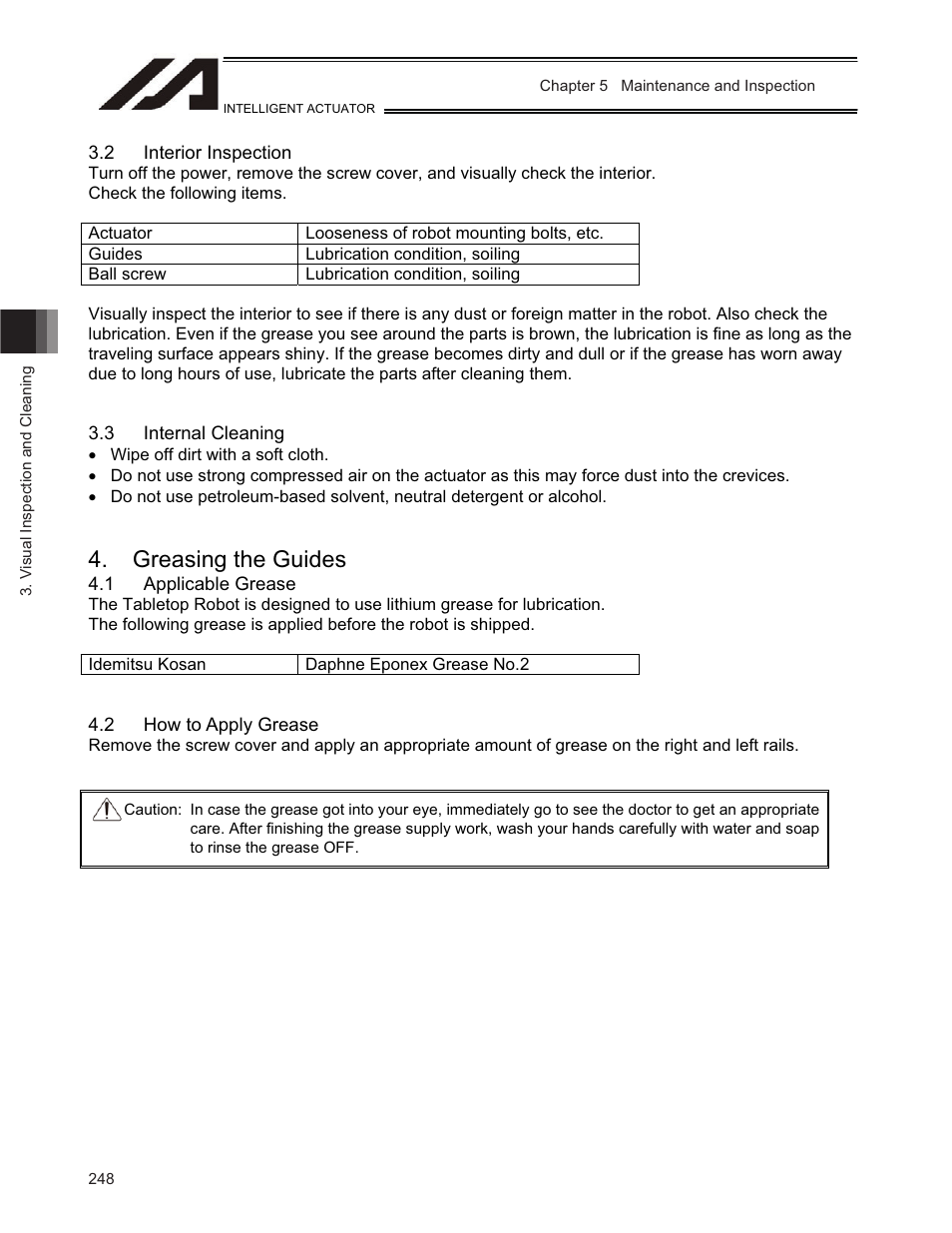 2 interior inspection, 3 internal cleaning, Greasing the guides | 1 applicable grease, 2 how to apply grease | IAI America TT-C3 User Manual | Page 258 / 364