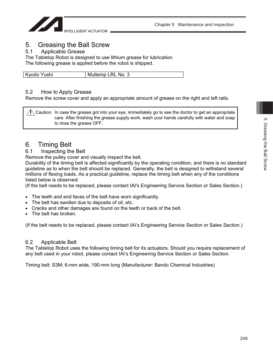 Greasing the ball screw, 1 applicable grease, 2 how to apply grease | Timing belt, 1 inspecting the belt, 2 applicable belt | IAI America TT-C3 User Manual | Page 259 / 364