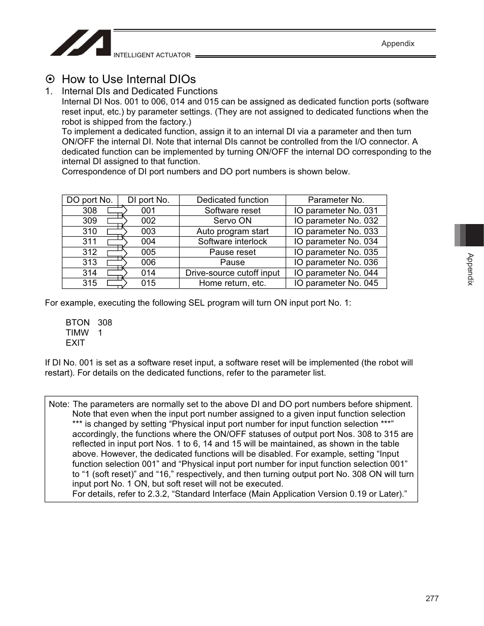 How to use internal dios, Internal dis and dedicated functions | IAI America TT-C3 User Manual | Page 287 / 364