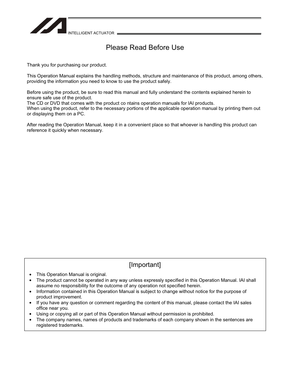 Please read before use, Important | IAI America TT-C3 User Manual | Page 3 / 364