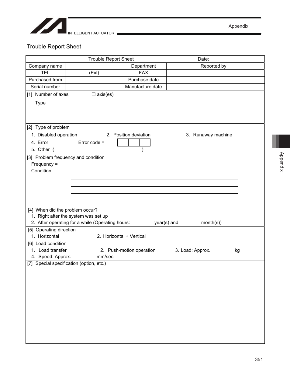 Trouble report sheet | IAI America TT-C3 User Manual | Page 361 / 364