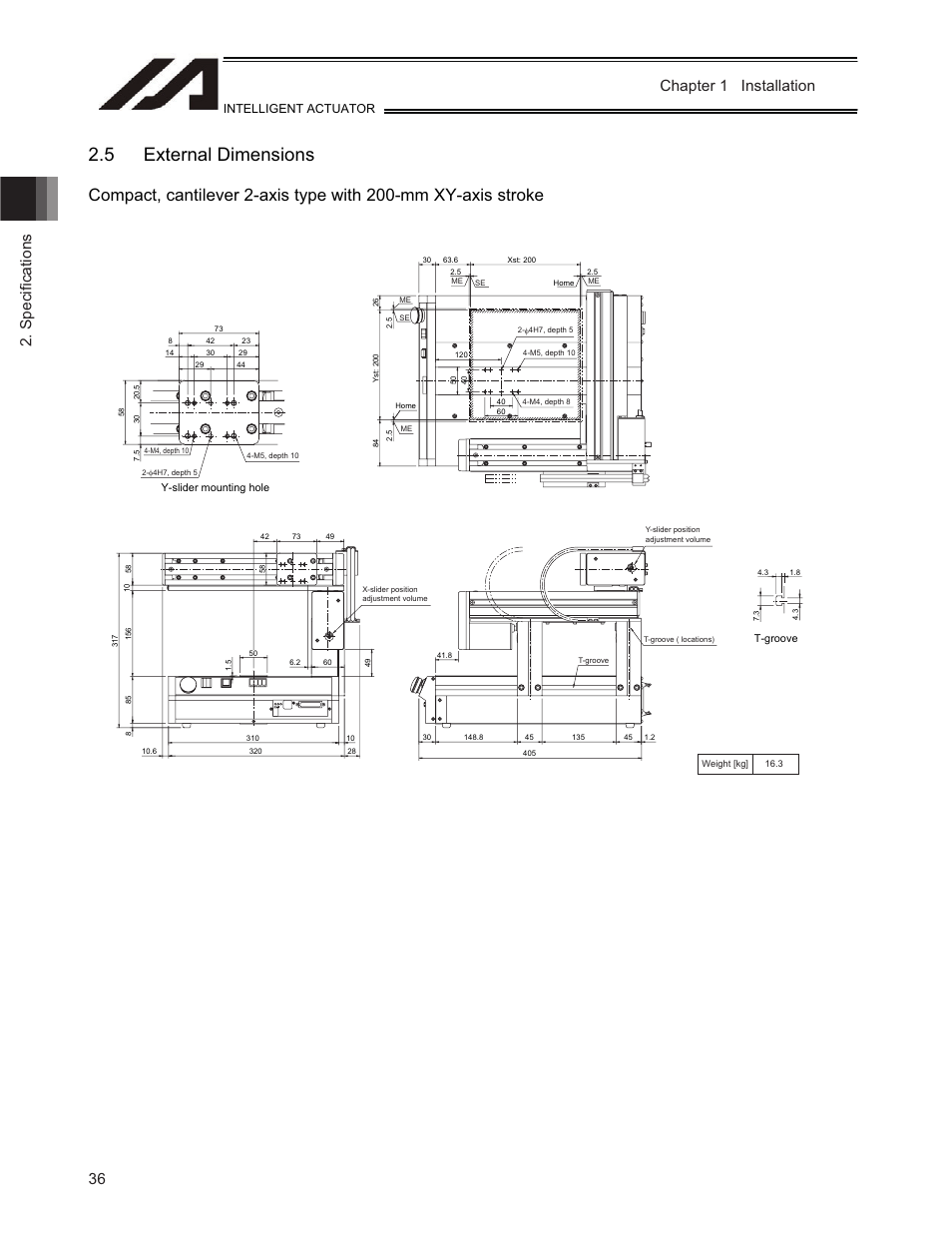 5 external dimensions, Chapter 1 installation 2. speci ¿ cations, Intelligent actuator | IAI America TT-C3 User Manual | Page 46 / 364