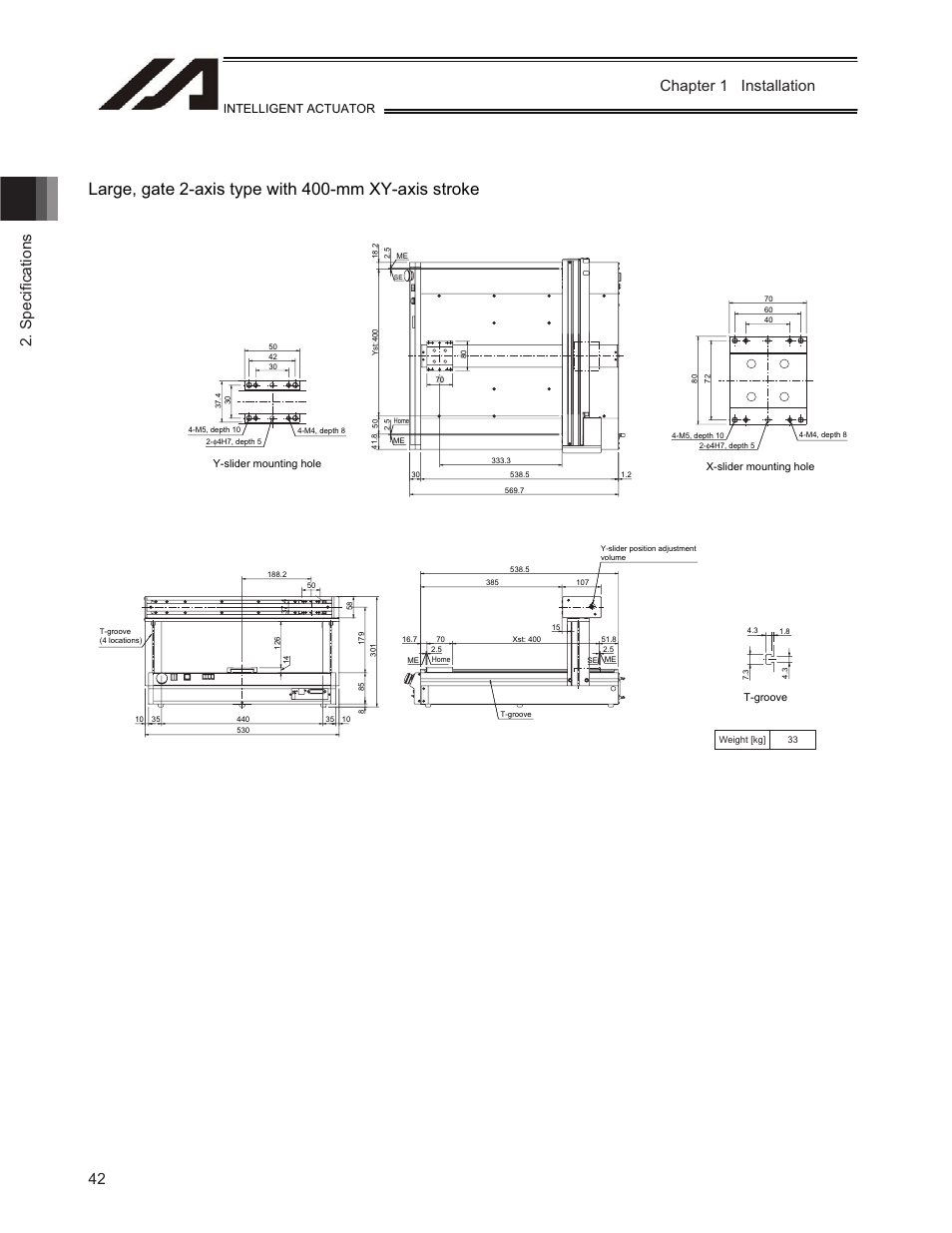 Large, gate 2-axis type with 400-mm xy-axis stroke, Chapter 1 installation 2. speci ¿ cations, Intelligent actuator | IAI America TT-C3 User Manual | Page 52 / 364