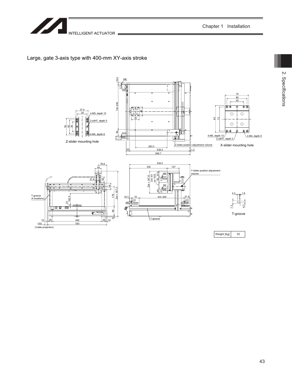 Large, gate 3-axis type with 400-mm xy-axis stroke, Chapter 1 installation 2. speci ¿ cations, Intelligent actuator | IAI America TT-C3 User Manual | Page 53 / 364