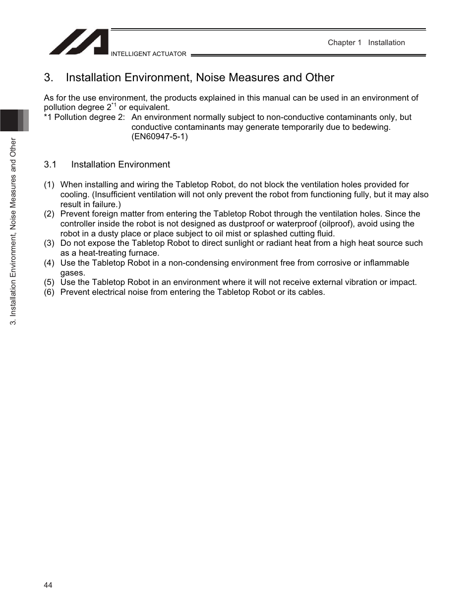 Installation environment, noise measures and other, 1 installation environment | IAI America TT-C3 User Manual | Page 54 / 364