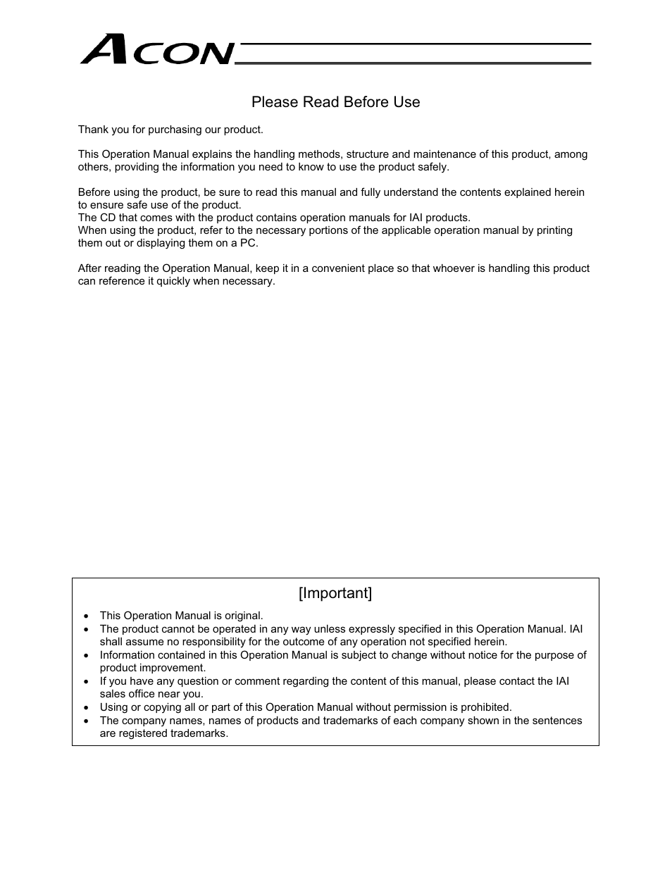 Please read before use, Important | IAI America ACON-CG User Manual | Page 3 / 196