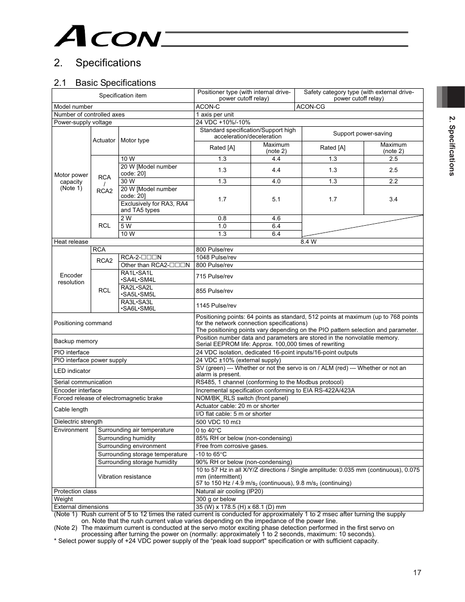Specifications, 1 basic specifications | IAI America ACON-CG User Manual | Page 31 / 196