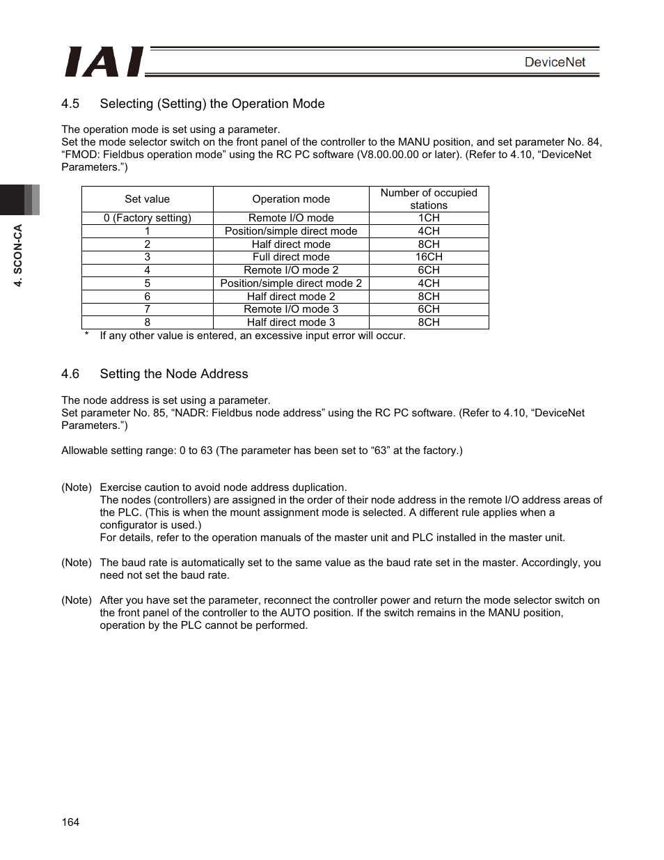 5 selecting (setting) the operation mode, 6 setting the node address | IAI America PCON-CFA User Manual | Page 170 / 266
