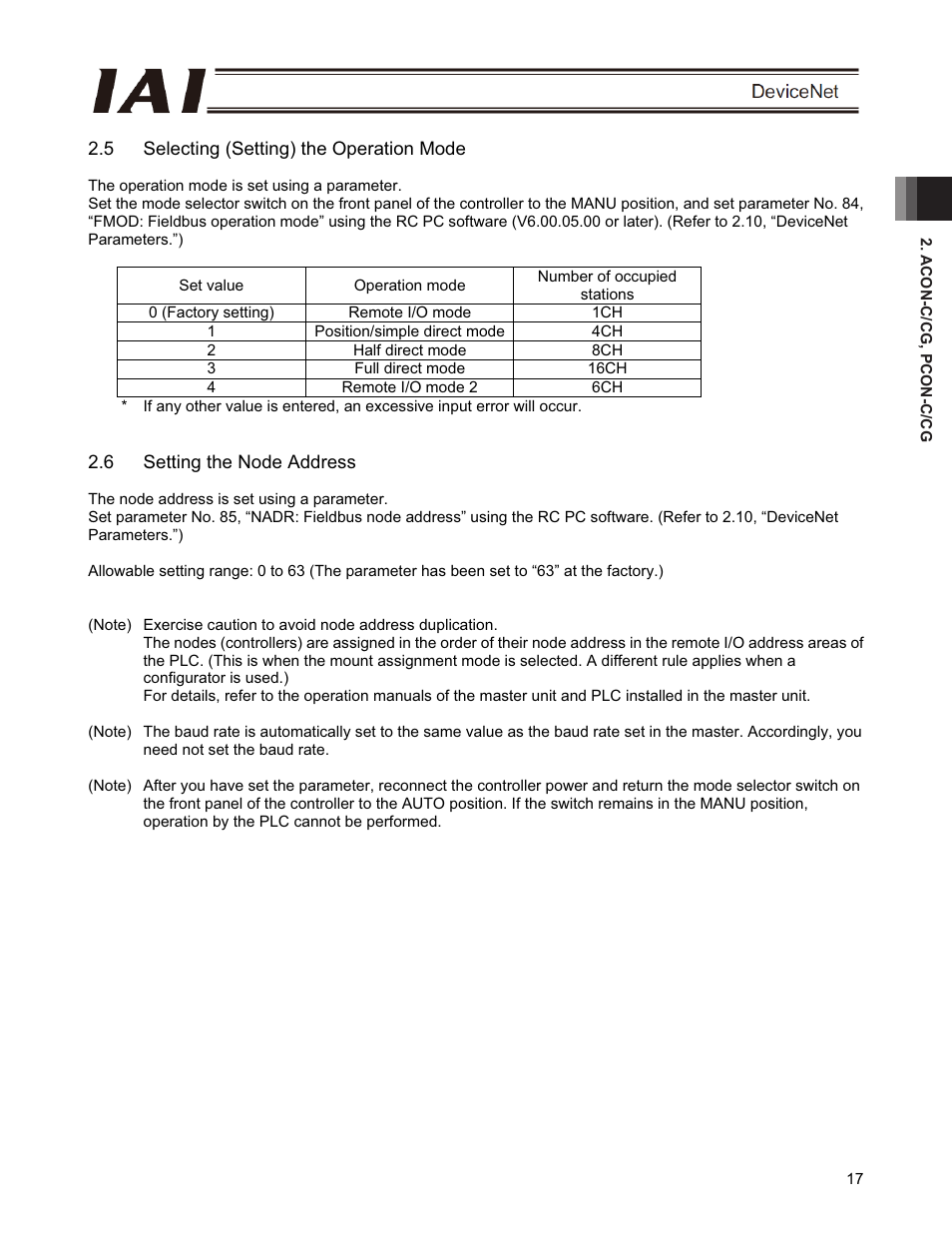 5 selecting (setting) the operation mode, 6 setting the node address | IAI America PCON-CFA User Manual | Page 23 / 266