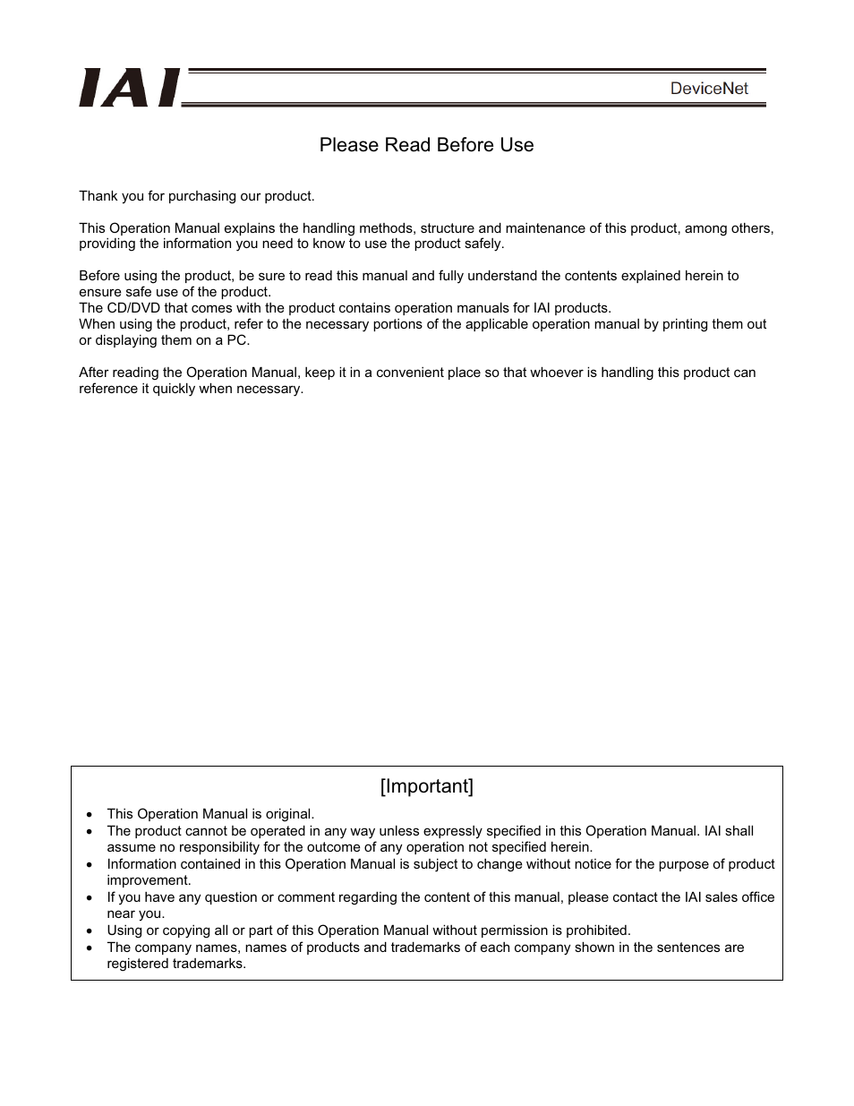 Please read before use, Important | IAI America PCON-CFA User Manual | Page 3 / 266