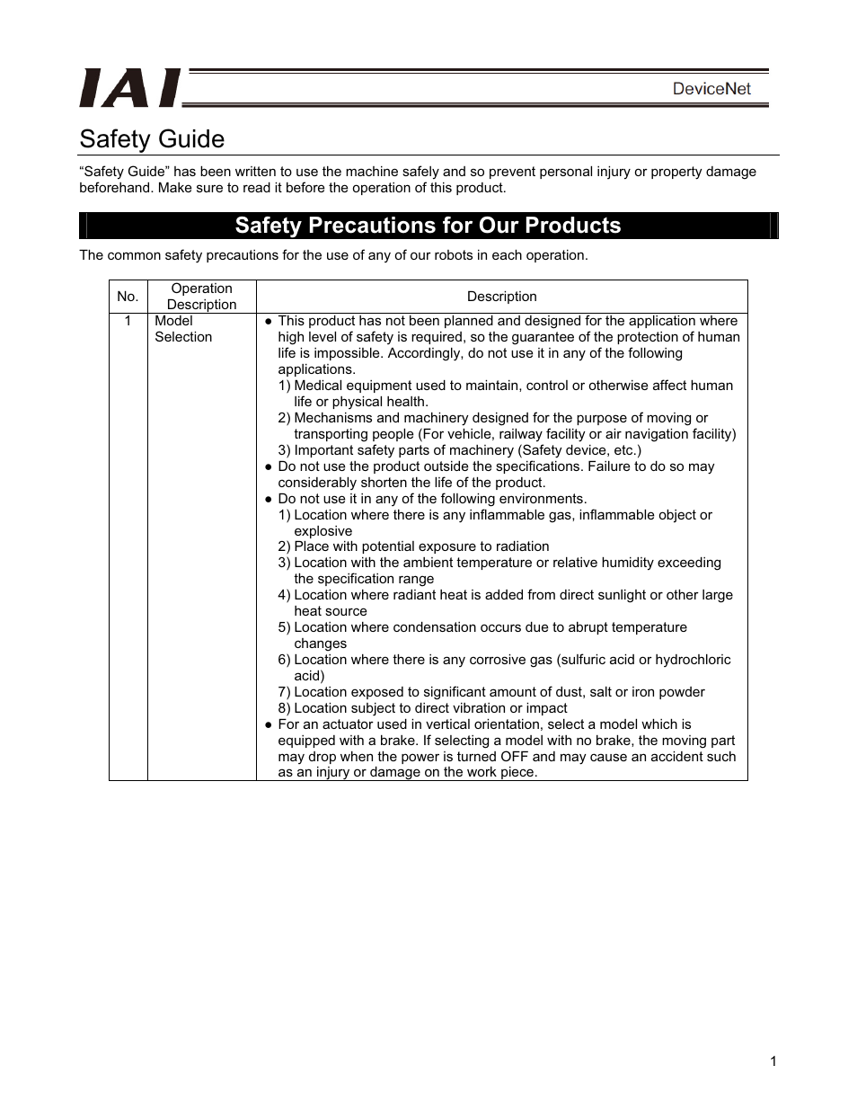 Safety guide, Safety precautions for our products | IAI America PCON-CFA User Manual | Page 7 / 266