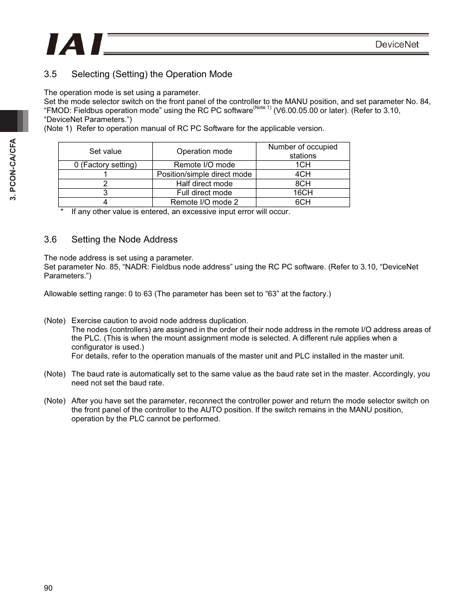 5 selecting (setting) the operation mode, 6 setting the node address | IAI America PCON-CFA User Manual | Page 96 / 266