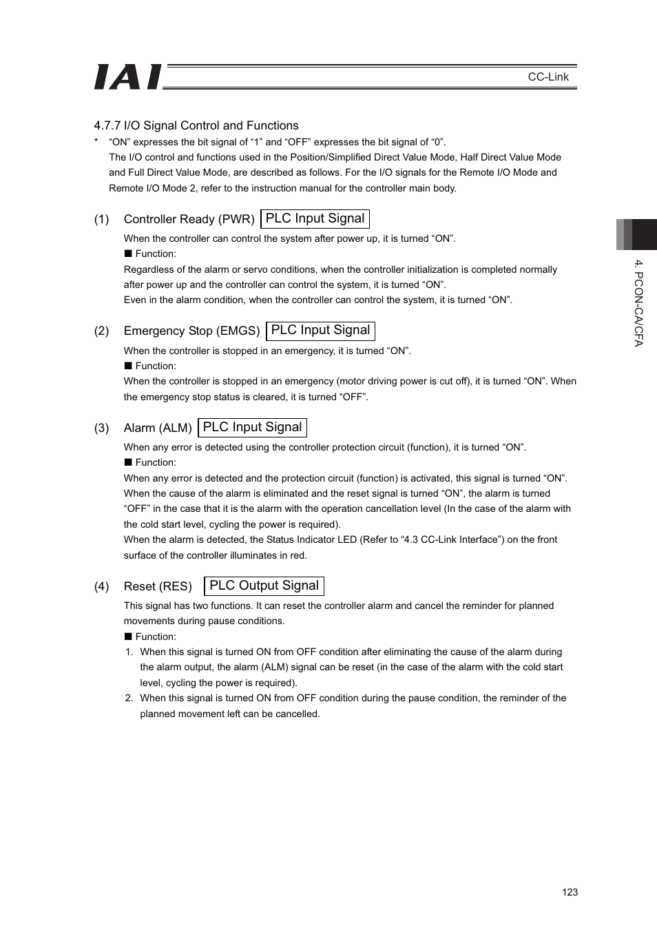 Plc input signal, Plc input signal plc output signal | IAI America PCON-CFA User Manual | Page 129 / 262