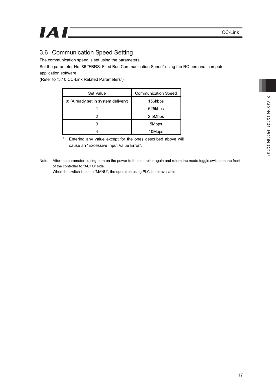 6 communication speed setting | IAI America PCON-CFA User Manual | Page 23 / 262