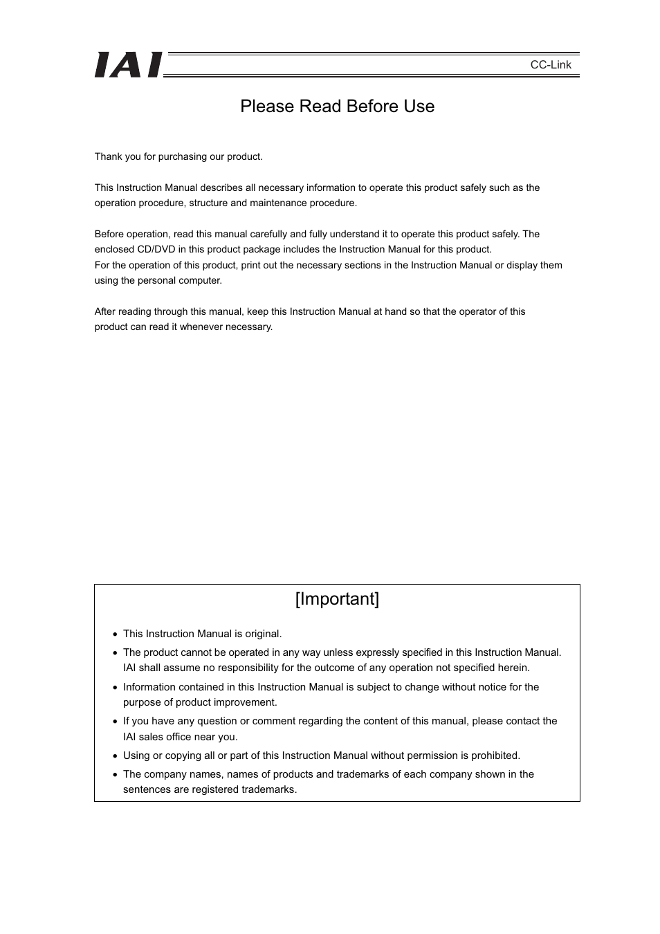 Please read before use, Important | IAI America PCON-CFA User Manual | Page 3 / 262