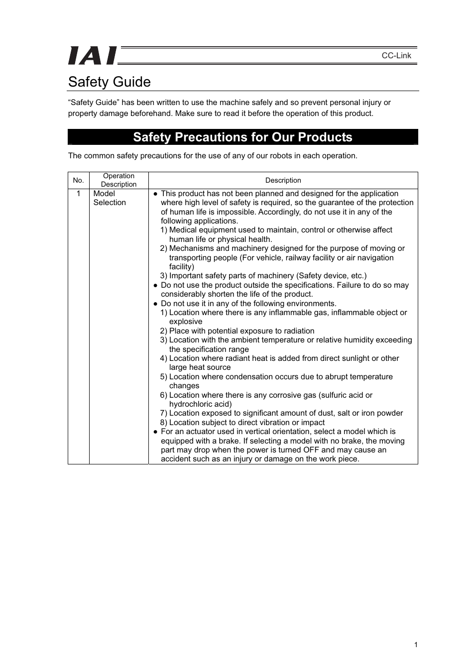 Safety guide, Safety precautions for our products | IAI America PCON-CFA User Manual | Page 7 / 262