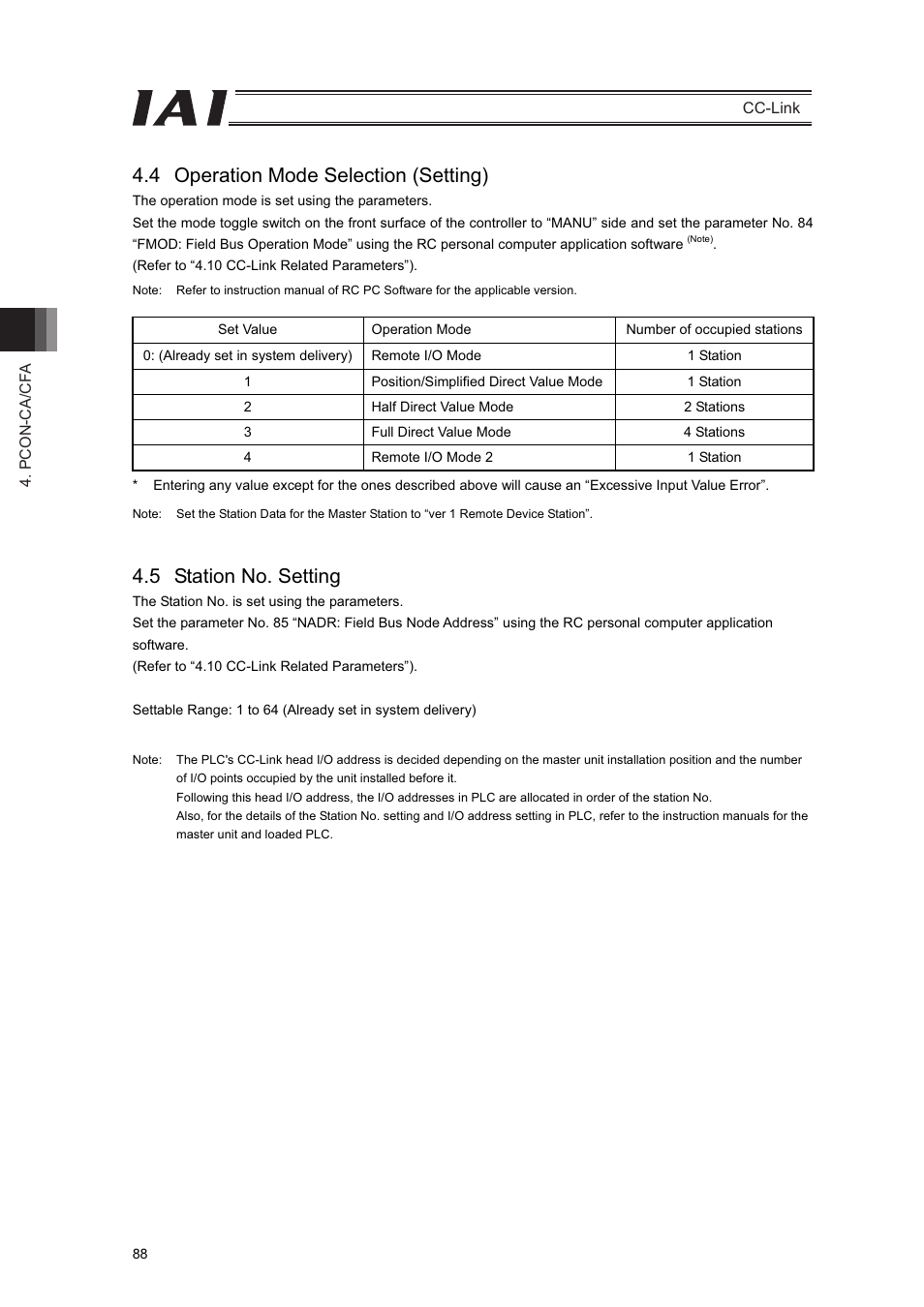 4 operation mode selection (setting), 5 station no. setting | IAI America PCON-CFA User Manual | Page 94 / 262