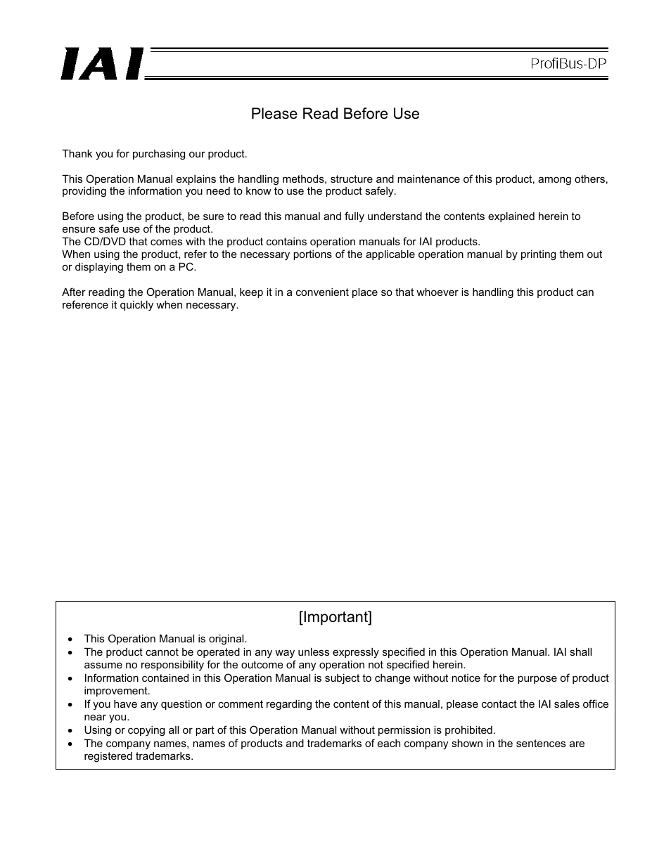 Please read before use, Important | IAI America PCON-CFA User Manual | Page 3 / 266