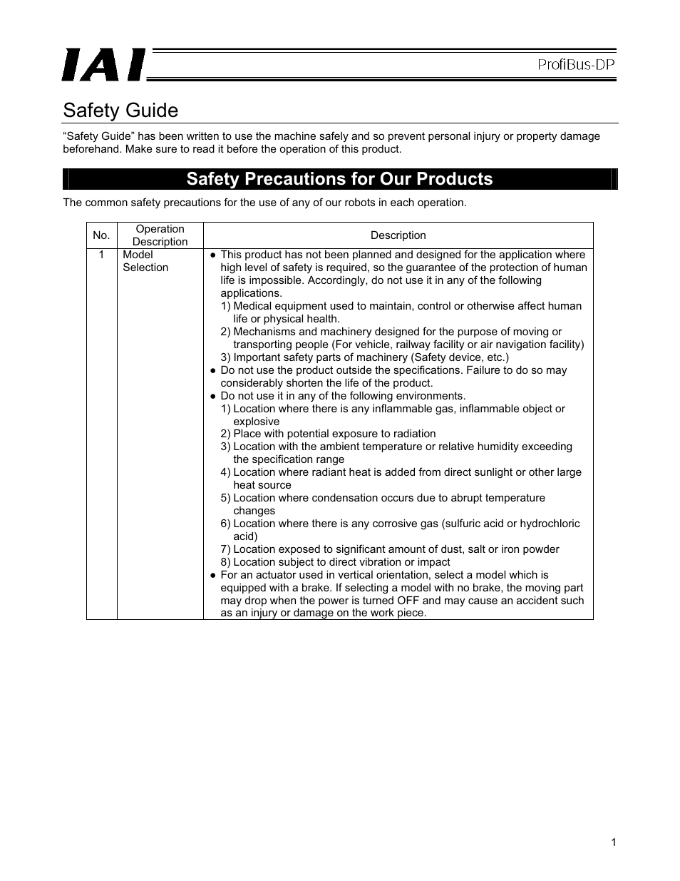 Safety guide, Safety precautions for our products | IAI America PCON-CFA User Manual | Page 7 / 266