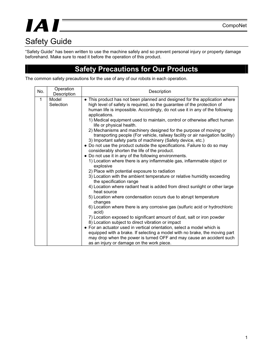 Safety guide, Safety precautions for our products | IAI America PCON-CFA User Manual | Page 7 / 270