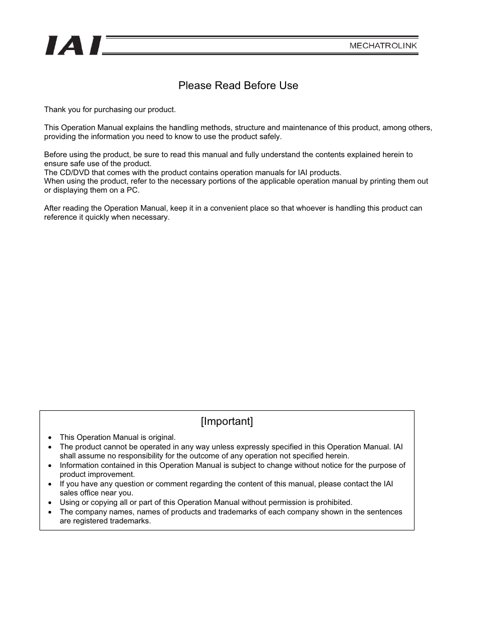 Please read before use, Important | IAI America PCON-CFA User Manual | Page 3 / 226