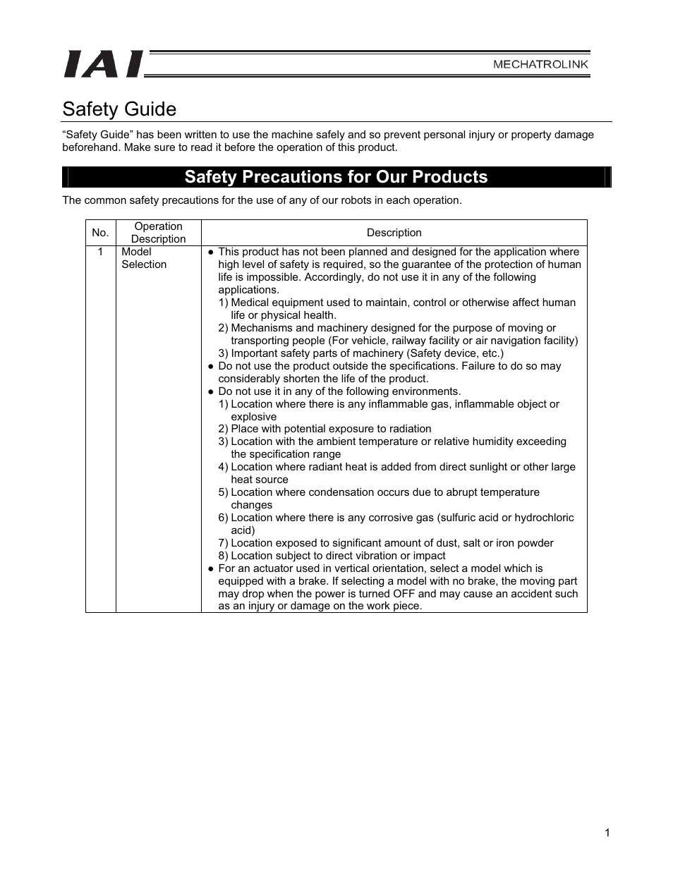 Safety guide, Safety precautions for our products | IAI America PCON-CFA User Manual | Page 9 / 226