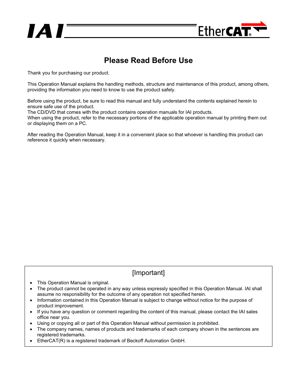 Please read before use, Important | IAI America PCON-CFA User Manual | Page 3 / 272