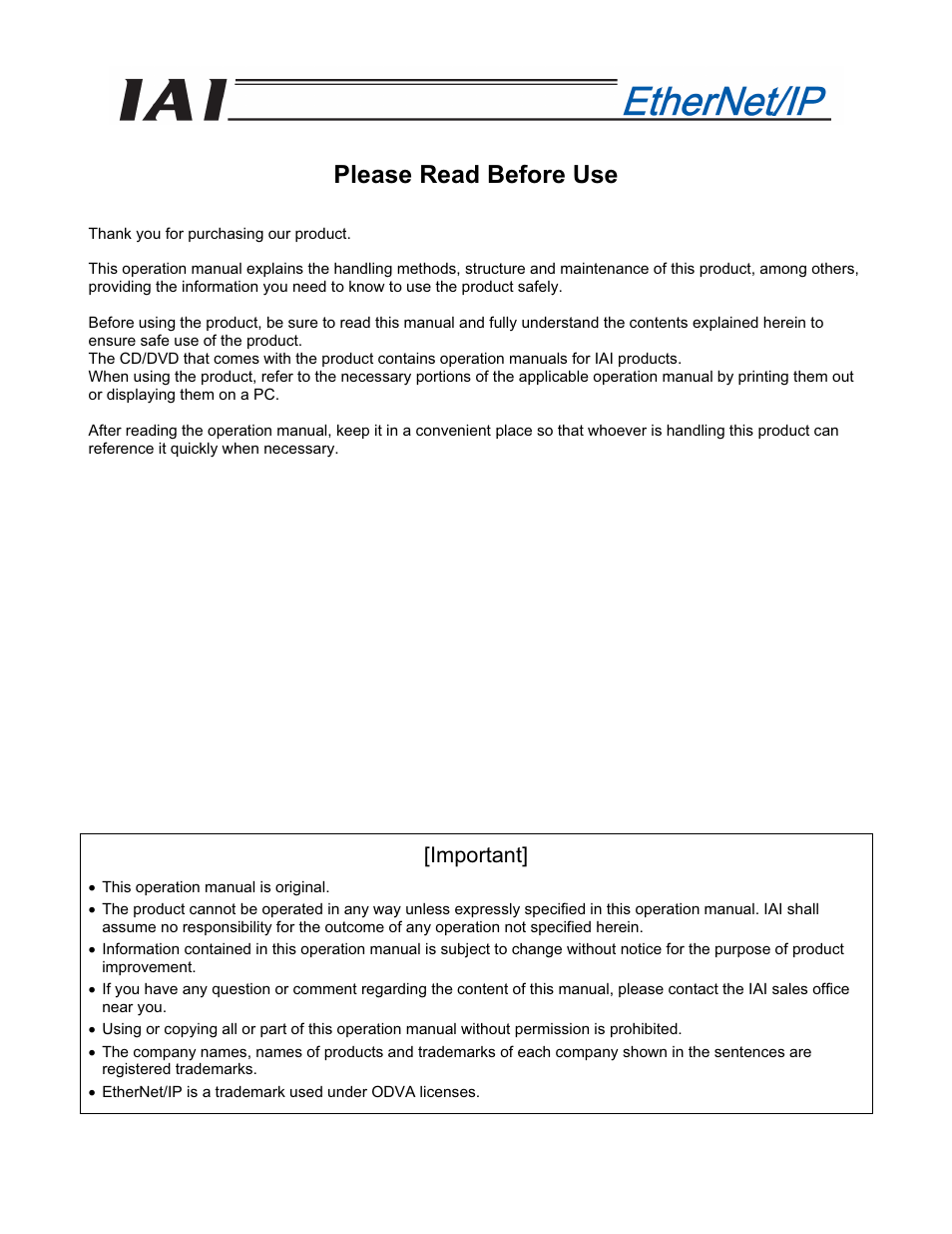 Please read before use, Important | IAI America PCON-CFA User Manual | Page 3 / 294