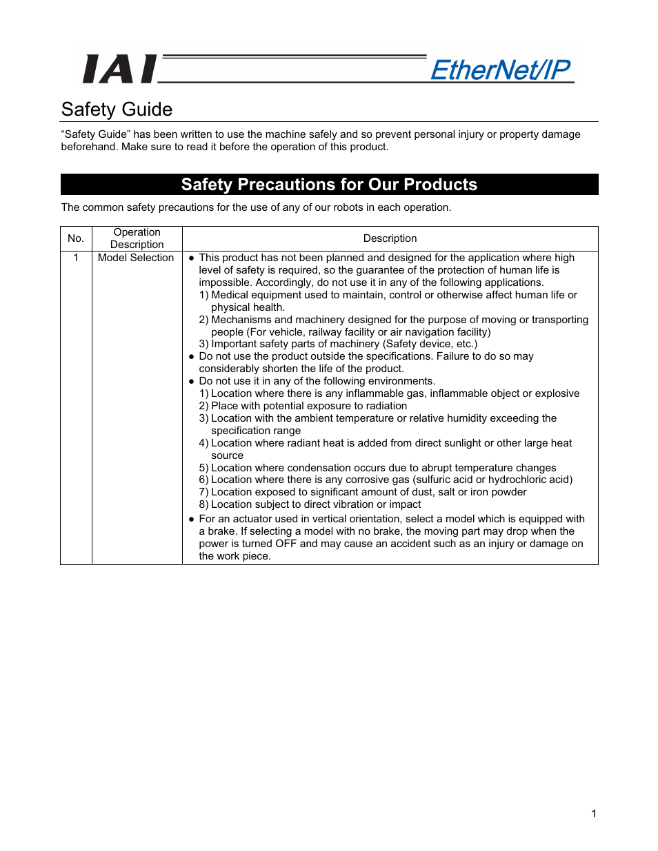 Safety guide, Safety precautions for our products | IAI America PCON-CFA User Manual | Page 9 / 294