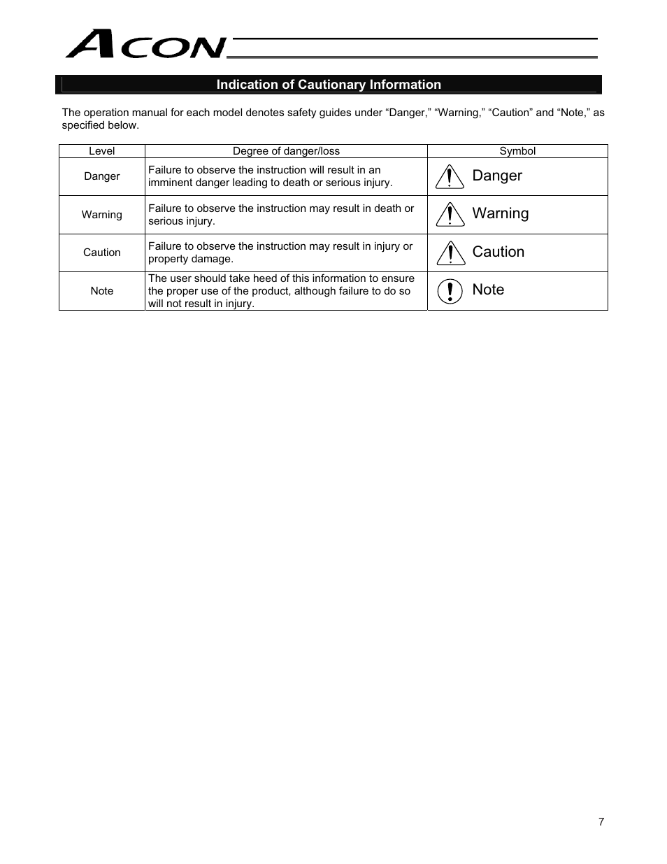 Danger, Warning, Caution | IAI America ACON-CY User Manual | Page 19 / 136