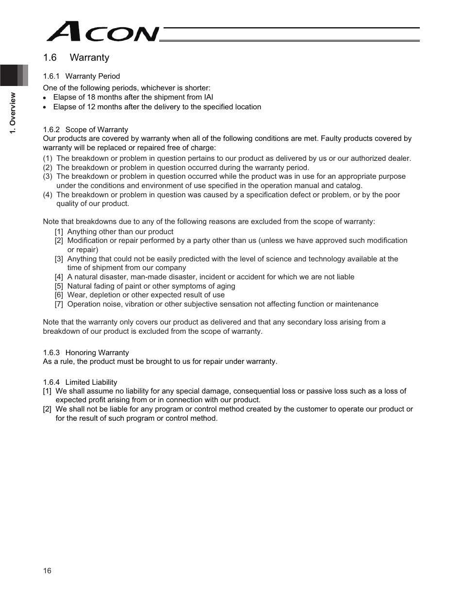 6 warranty | IAI America ACON-CY User Manual | Page 28 / 136