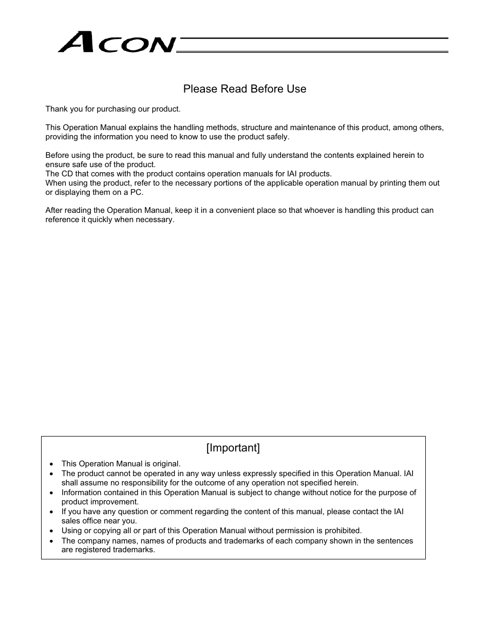Please read before use, Important | IAI America ACON-CY User Manual | Page 3 / 136