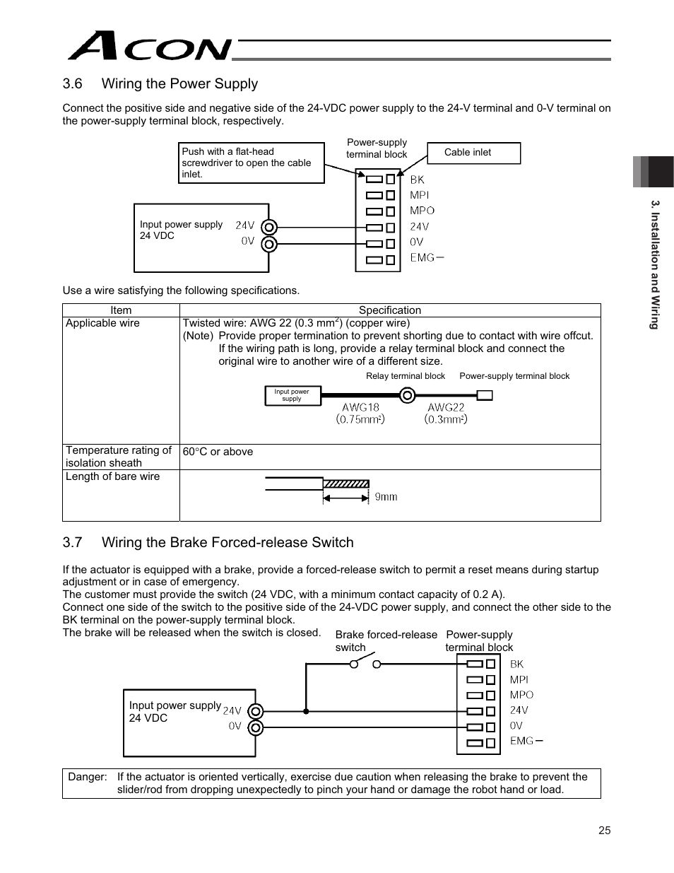 6 wiring the power supply, 7 wiring the brake forced-release switch | IAI America ACON-CY User Manual | Page 37 / 136