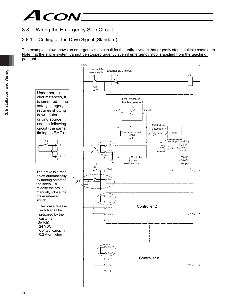 8 wiring the emergency stop circuit, 1 cutting off the drive signal (standard) | IAI America ACON-CY User Manual | Page 38 / 136