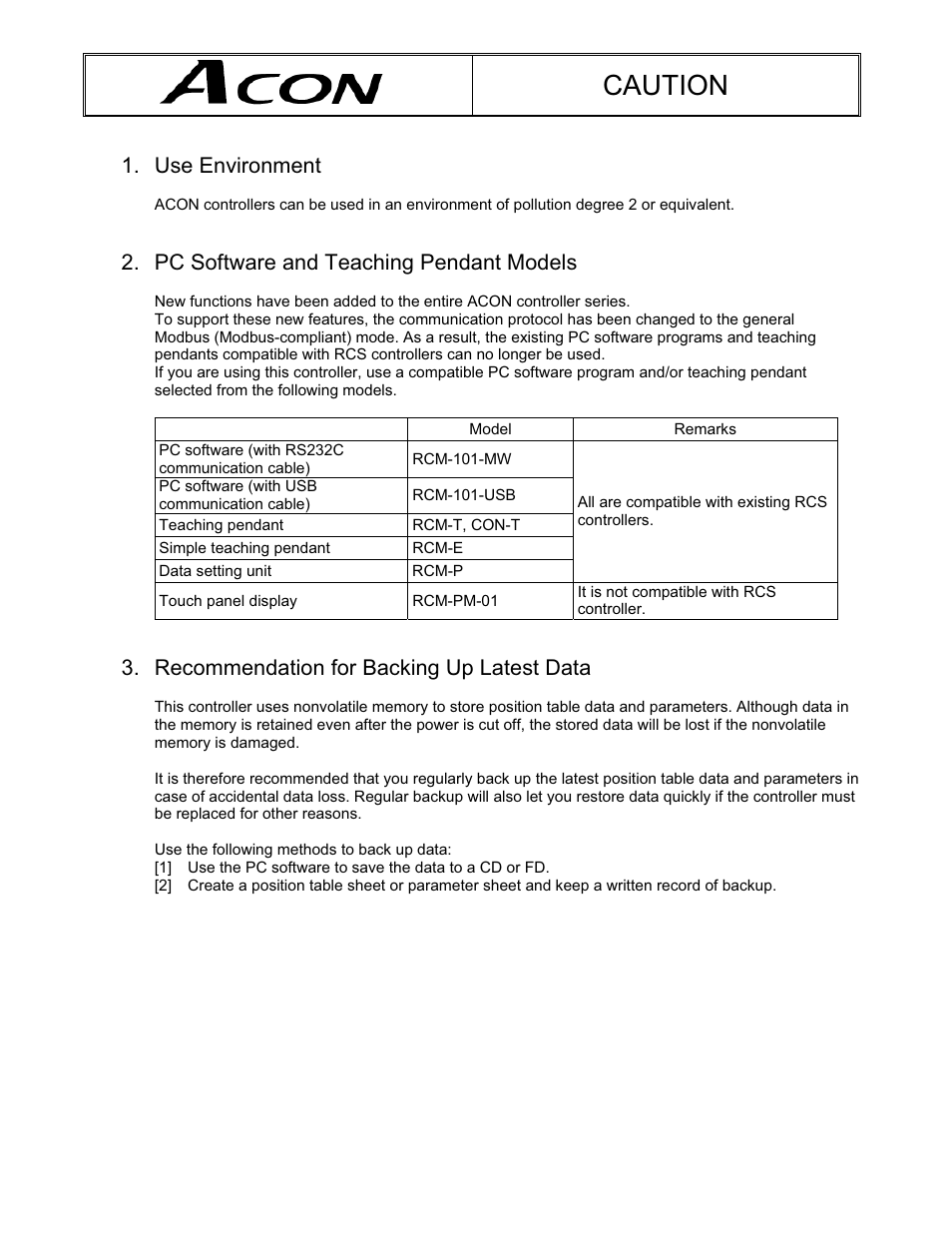 Caution, Use environment, Pc software and teaching pendant models | Recommendation for backing up latest data | IAI America ACON-CY User Manual | Page 5 / 136