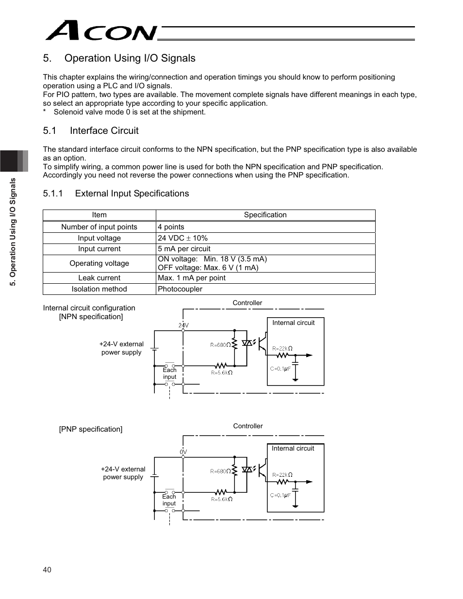 Operation using i/o signals, 1 interface circuit | IAI America ACON-CY User Manual | Page 52 / 136