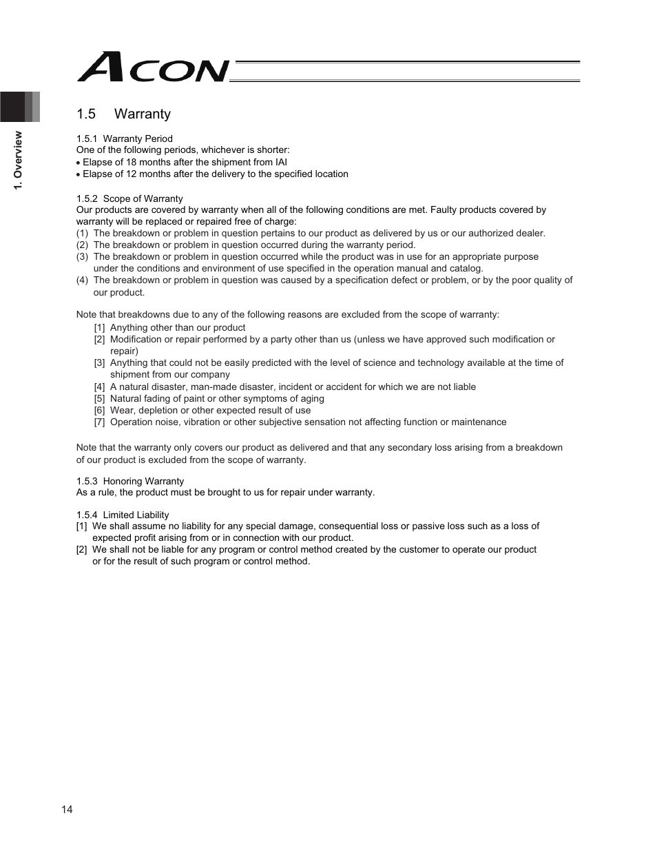 5 warranty | IAI America ACON-PO User Manual | Page 24 / 114