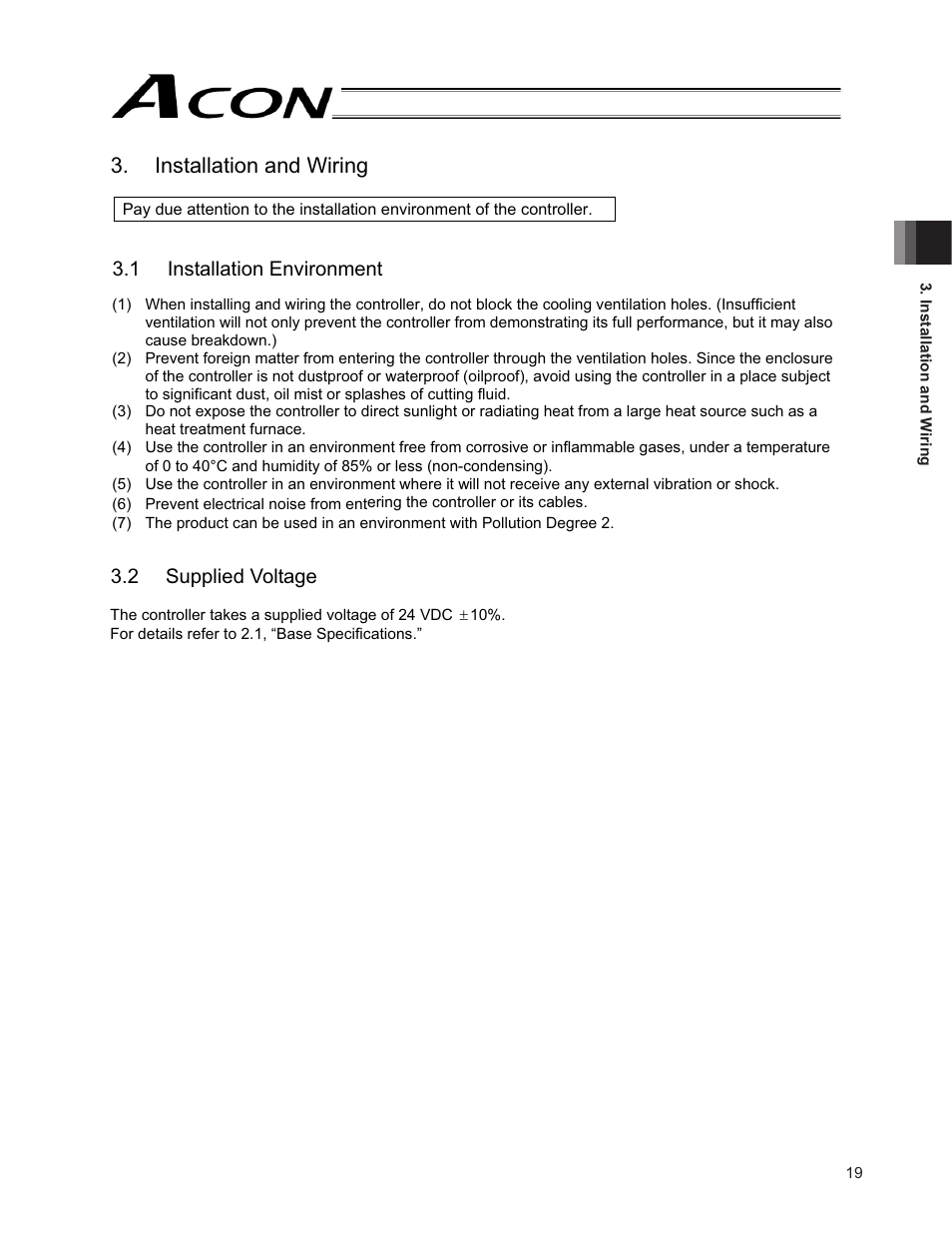 Installation and wiring, 2 supplied voltage, 1 installation environment | IAI America ACON-PO User Manual | Page 29 / 114
