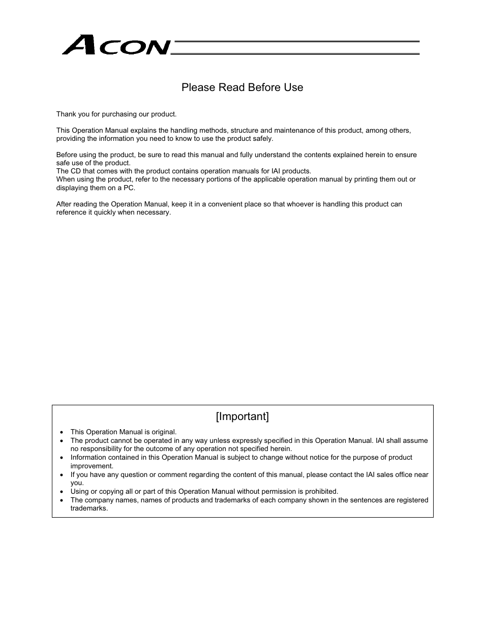 Please read before use, Important | IAI America ACON-PO User Manual | Page 3 / 114