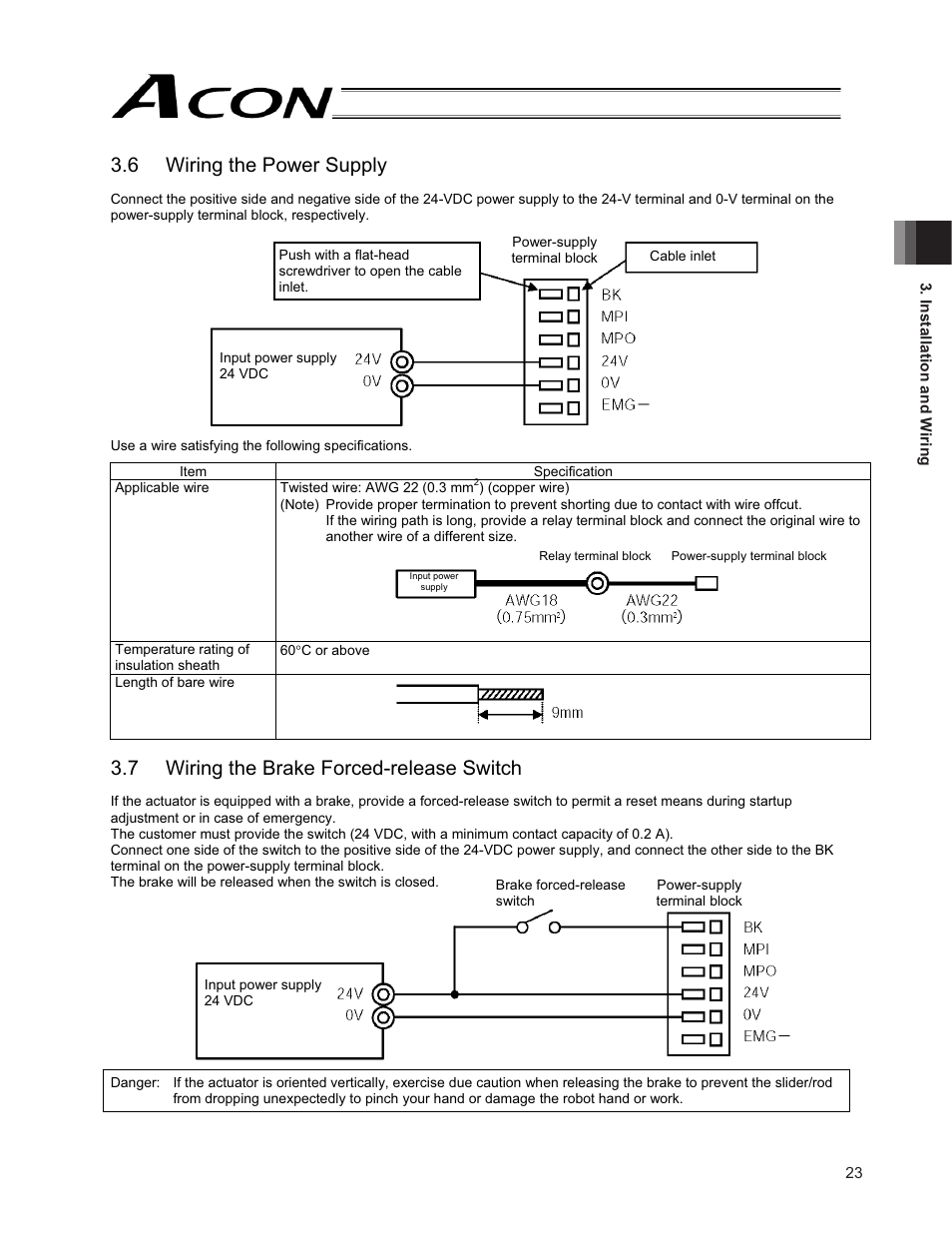 6 wiring the power supply, 7 wiring the brake forced-release switch | IAI America ACON-PO User Manual | Page 33 / 114