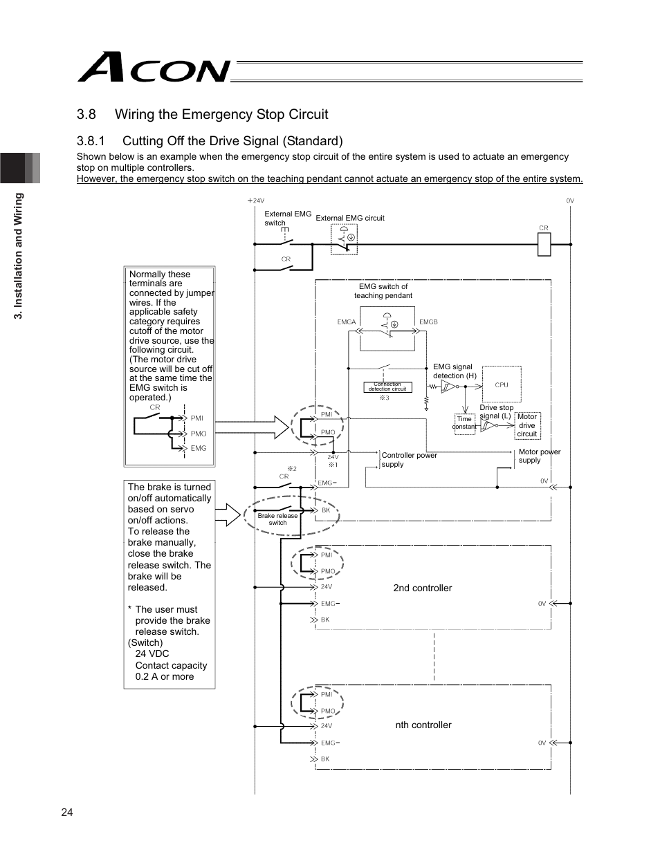 8 wiring the emergency stop circuit, 1 cutting off the drive signal (standard) | IAI America ACON-PO User Manual | Page 34 / 114