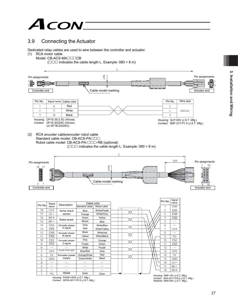 9 connecting the actuator, 27 3. installation and w iring | IAI America ACON-PO User Manual | Page 37 / 114