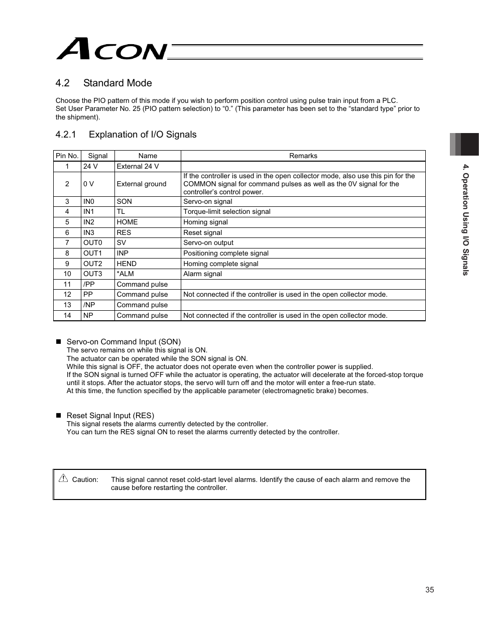 2 standard mode, 1 explanation of i/o signals | IAI America ACON-PO User Manual | Page 45 / 114