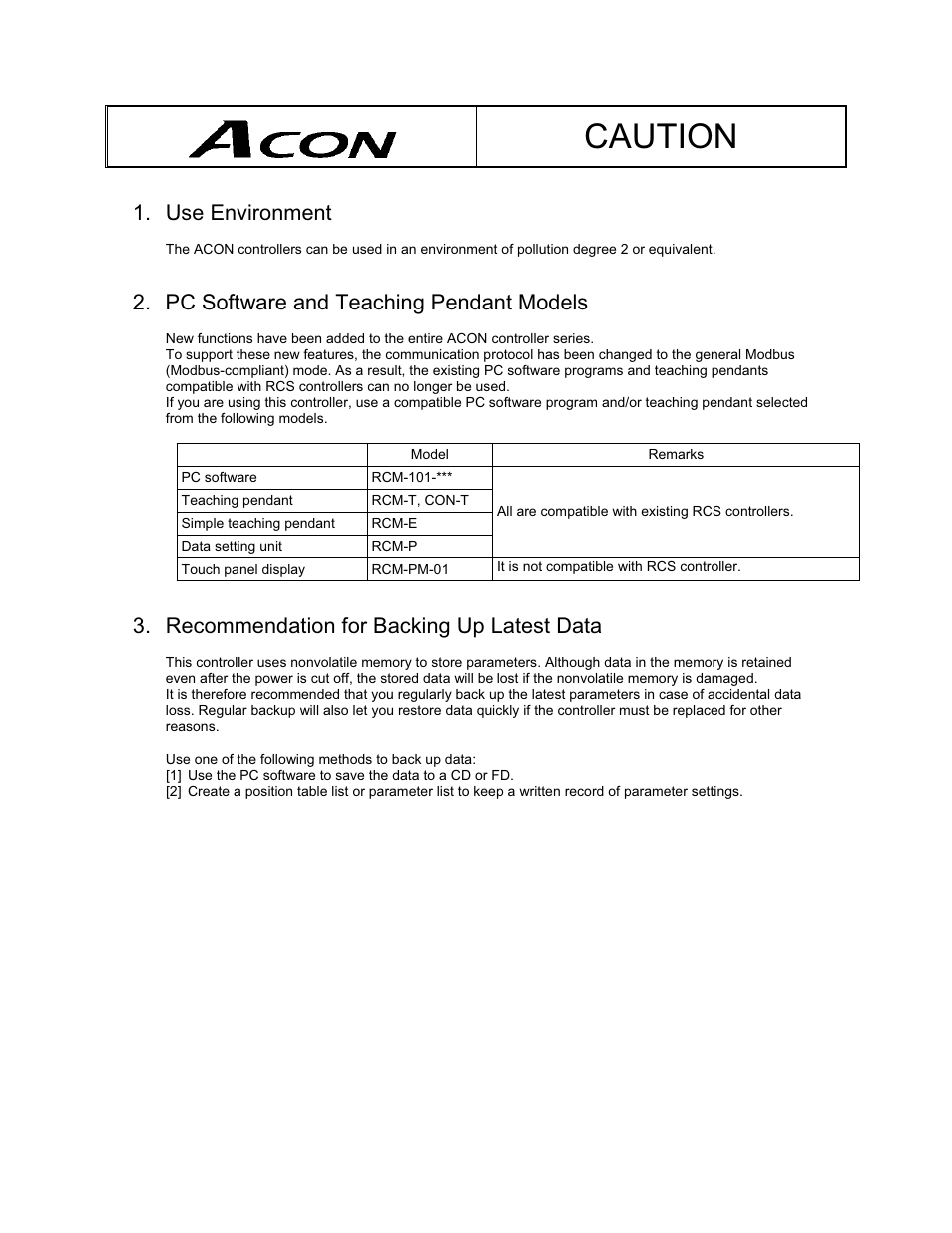 Caution, Use environment, Pc software and teaching pendant models | Recommendation for backing up latest data | IAI America ACON-PO User Manual | Page 5 / 114