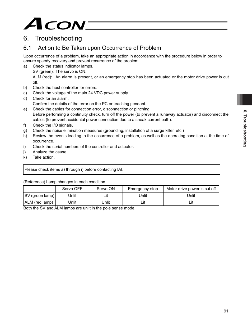 Troubleshooting, 1 action to be taken upon occurrence of problem | IAI America ACON-SE User Manual | Page 101 / 136