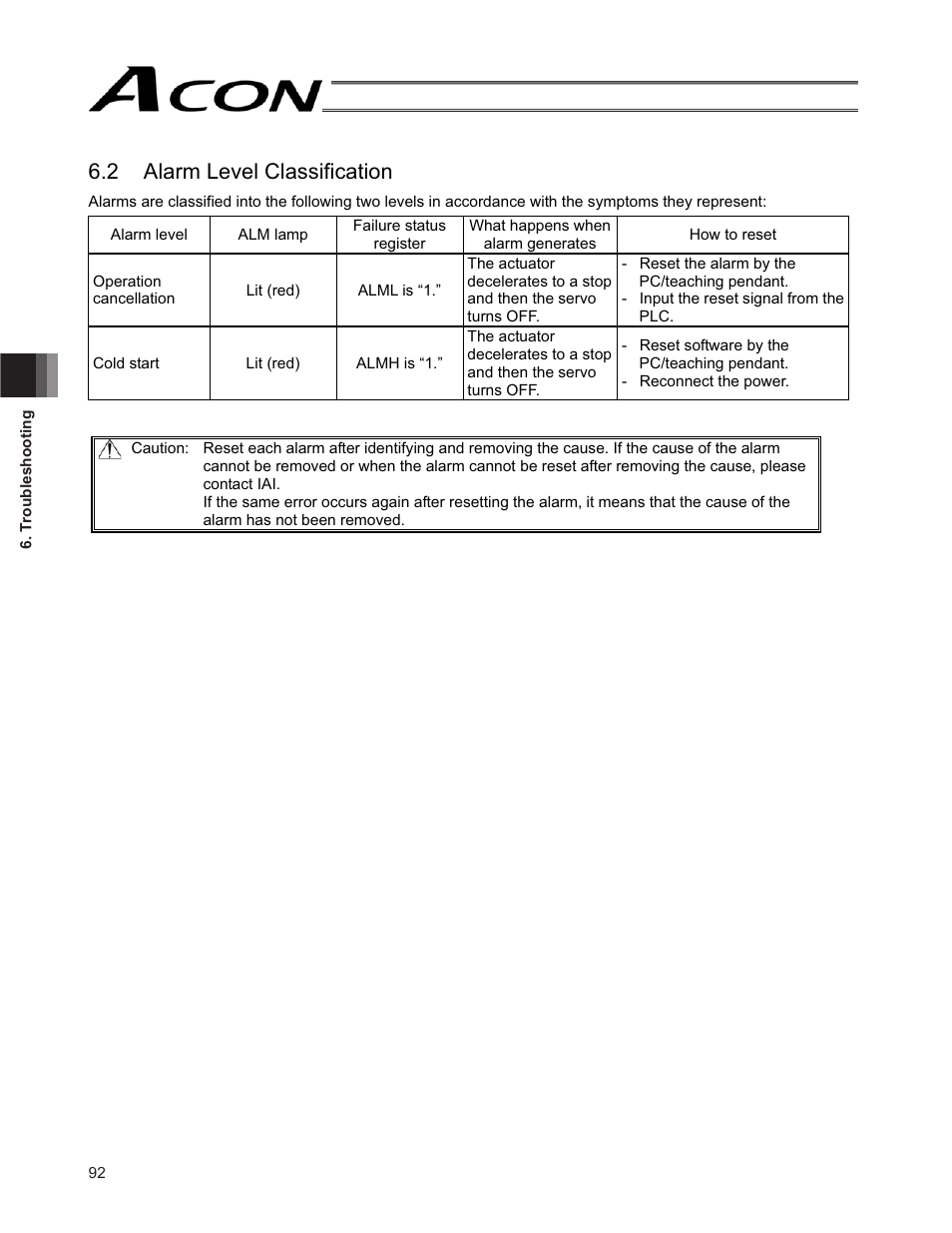 2 alarm level classification | IAI America ACON-SE User Manual | Page 102 / 136