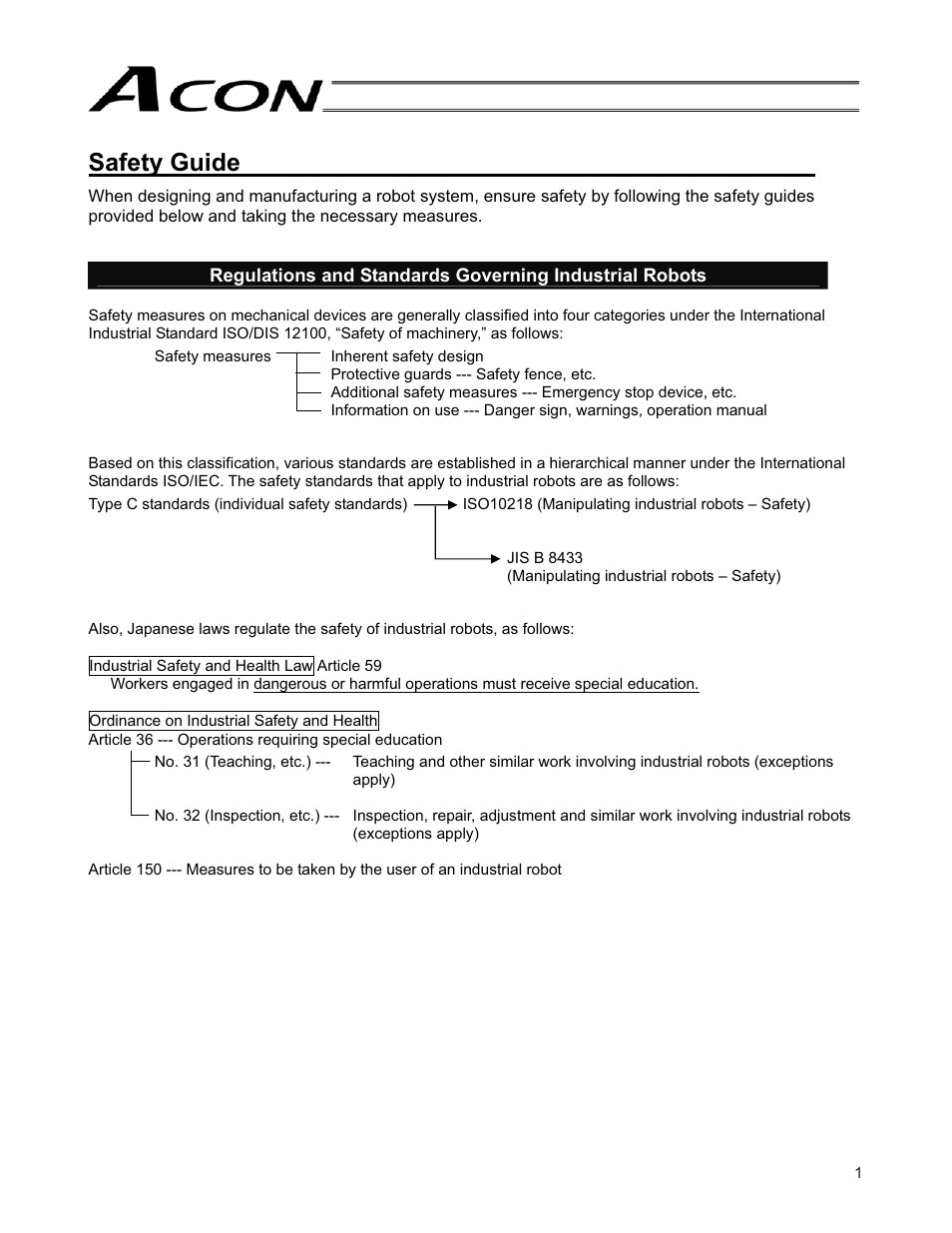 Safety guide | IAI America ACON-SE User Manual | Page 11 / 136